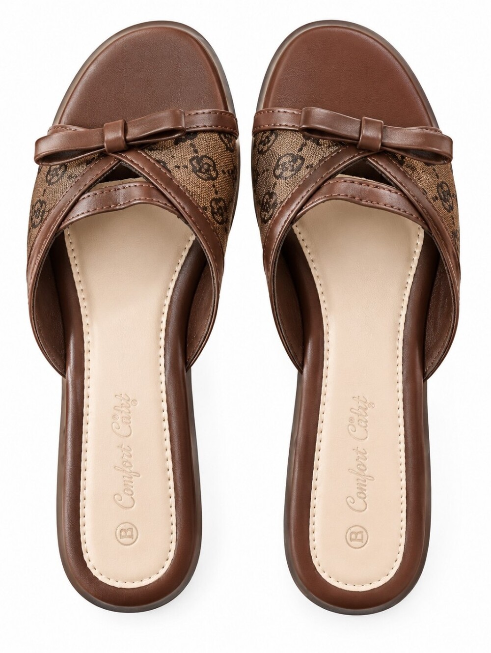 Comfort First Brown Slide Mules with Bow Accent